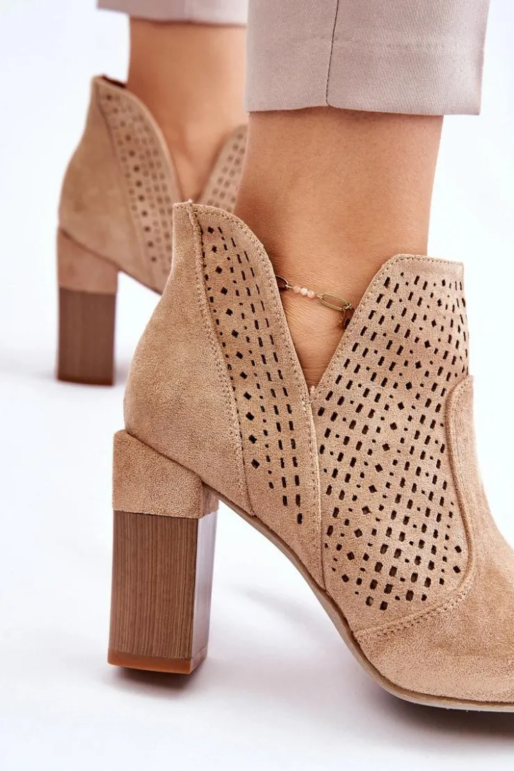 Damskie Boto Modne Zamszowe Ażurowe Botki Na Obcasie Beżowe Genevi