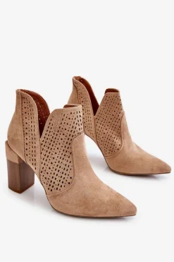 Damskie Boto Modne Zamszowe Ażurowe Botki Na Obcasie Beżowe Genevi