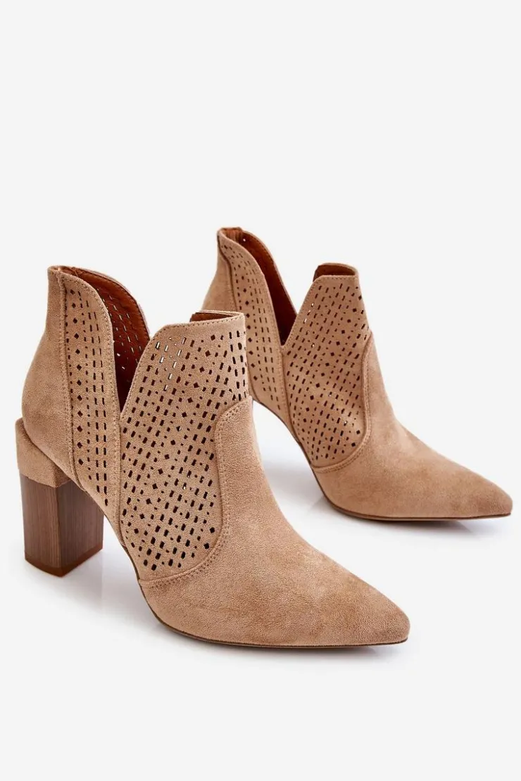 Damskie Boto Modne Zamszowe Ażurowe Botki Na Obcasie Beżowe Genevi