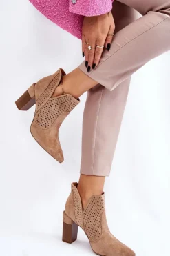 Damskie Boto Modne Zamszowe Ażurowe Botki Na Obcasie Beżowe Genevi