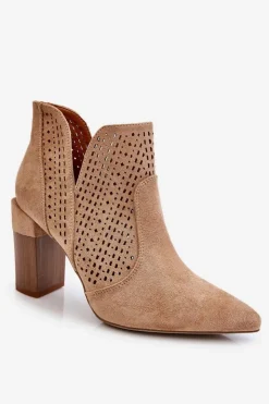 Damskie Boto Modne Zamszowe Ażurowe Botki Na Obcasie Beżowe Genevi