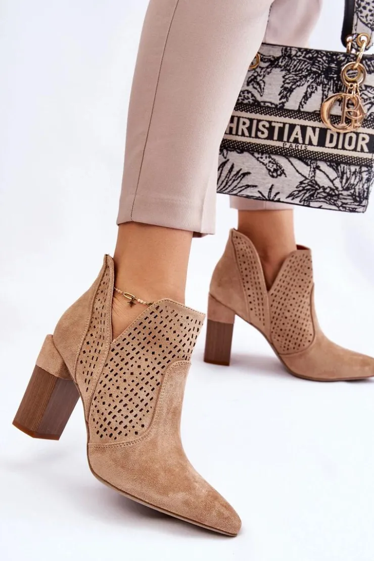 Damskie Boto Modne Zamszowe Ażurowe Botki Na Obcasie Beżowe Genevi