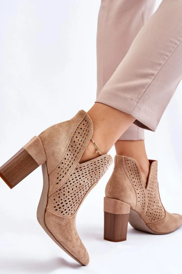 Damskie Boto Modne Zamszowe Ażurowe Botki Na Obcasie Beżowe Genevi