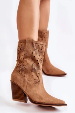 Boto Botki Wiosenne|Botki Na Słupku*Modne Zamszowe Botki Kowbojki W Kwiaty Camel Coralie