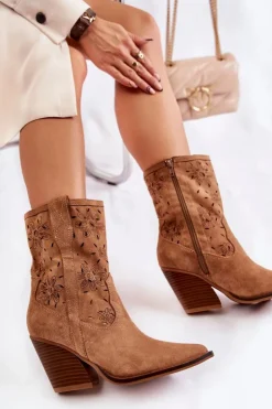 Boto Botki Wiosenne|Botki Na Słupku*Modne Zamszowe Botki Kowbojki W Kwiaty Camel Coralie