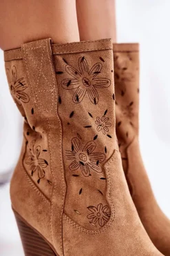 Boto Botki Wiosenne|Botki Na Słupku*Modne Zamszowe Botki Kowbojki W Kwiaty Camel Coralie