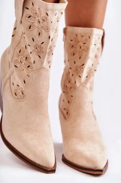 Boto Botki Wiosenne|Botki Na Słupku*Modne Zamszowe Botki Kowbojki W Kwiaty Beżowe Coralie