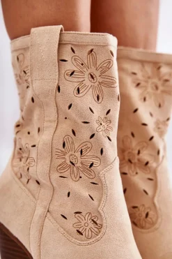 Boto Botki Wiosenne|Botki Na Słupku*Modne Zamszowe Botki Kowbojki W Kwiaty Beżowe Coralie