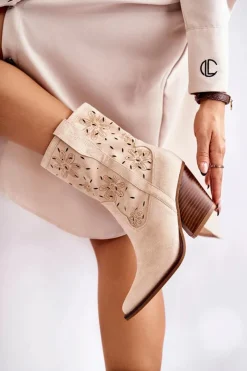 Boto Botki Wiosenne|Botki Na Słupku*Modne Zamszowe Botki Kowbojki W Kwiaty Beżowe Coralie