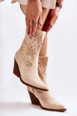 Boto Botki Wiosenne|Botki Na Słupku*Modne Zamszowe Botki Kowbojki W Kwiaty Beżowe Coralie