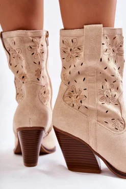 Boto Botki Wiosenne|Botki Na Słupku*Modne Zamszowe Botki Kowbojki W Kwiaty Beżowe Coralie