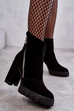 Damskie Laura Messi Modne Zamszowe Botki Na Obcasie 2509 Czarne