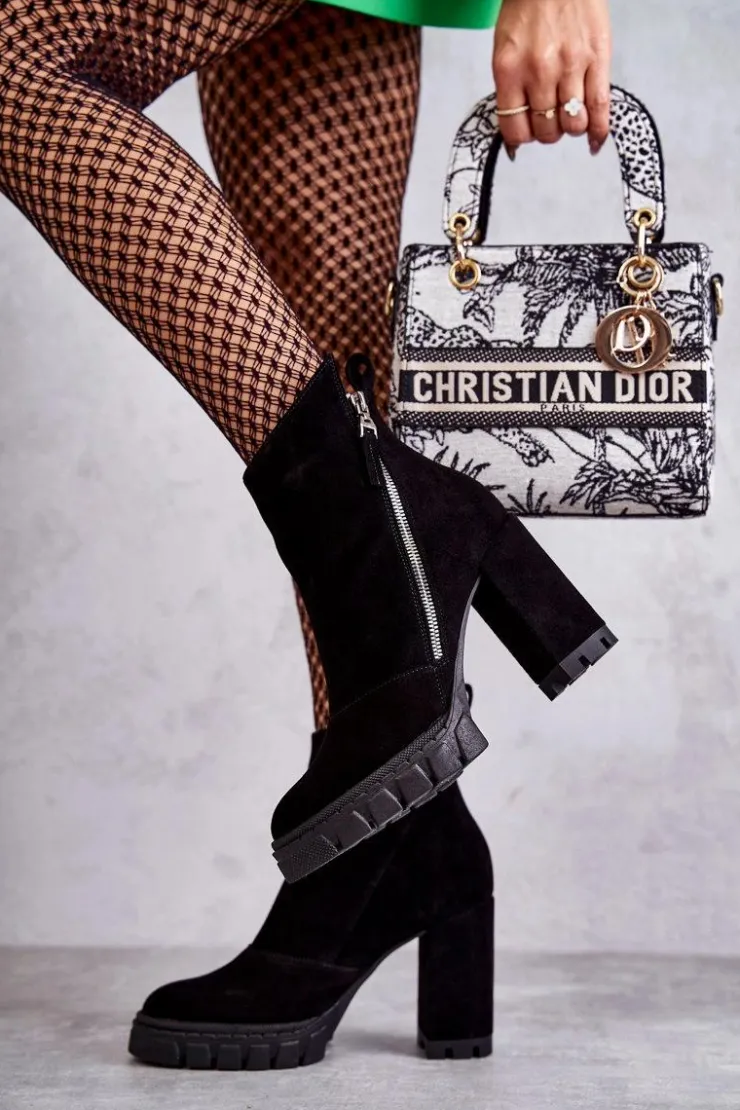 Damskie Laura Messi Modne Zamszowe Botki Na Obcasie 2509 Czarne