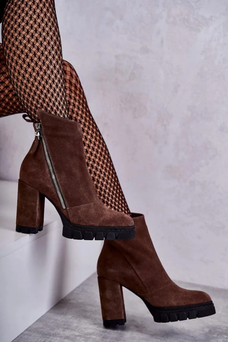 Discount Laura Messi Modne Zamszowe Botki Na Obcasie 2509 Brązowe