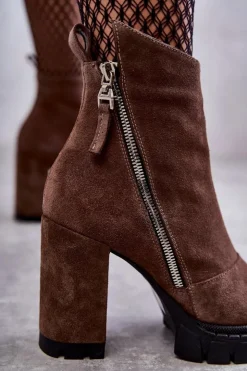 Discount Laura Messi Modne Zamszowe Botki Na Obcasie 2509 Brązowe