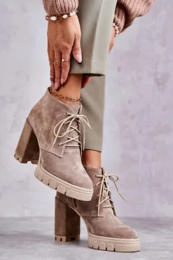 Boto Damskie Trapery|Botki Skórzane*Modne Zamszowe Botki Sznurowane Beżowe Selma