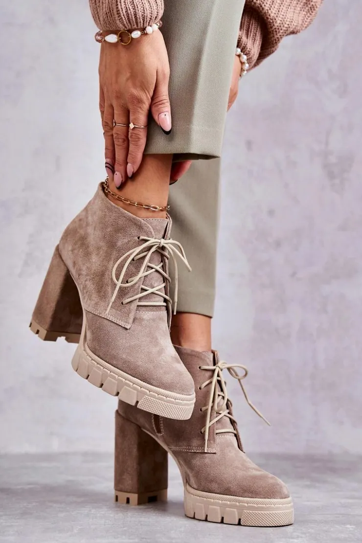 Boto Damskie Trapery|Botki Skórzane*Modne Zamszowe Botki Sznurowane Beżowe Selma