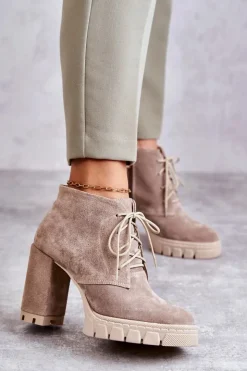 Boto Damskie Trapery|Botki Skórzane*Modne Zamszowe Botki Sznurowane Beżowe Selma