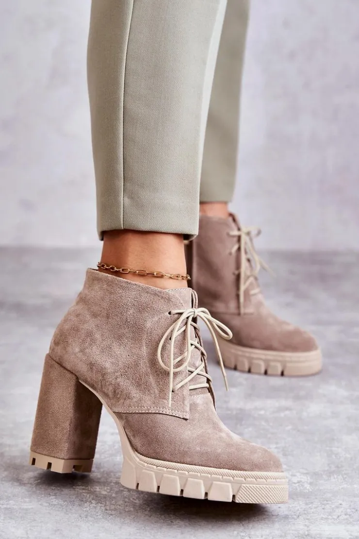 Boto Damskie Trapery|Botki Skórzane*Modne Zamszowe Botki Sznurowane Beżowe Selma