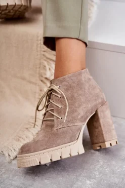 Boto Damskie Trapery|Botki Skórzane*Modne Zamszowe Botki Sznurowane Beżowe Selma