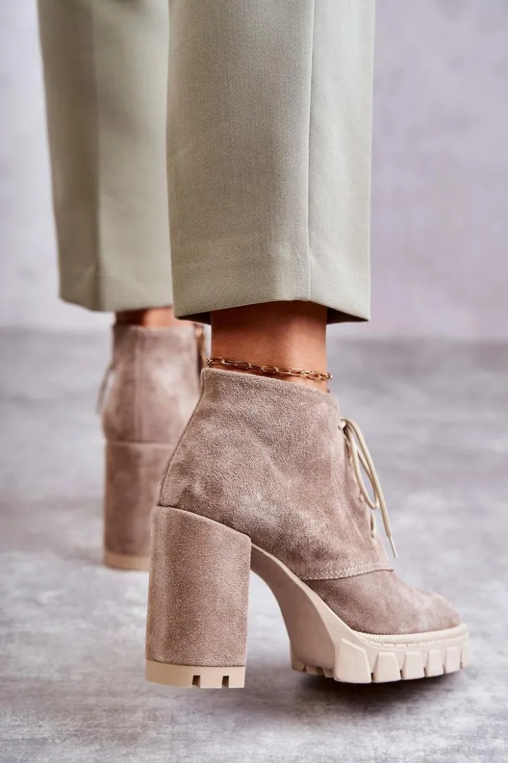 Boto Damskie Trapery|Botki Skórzane*Modne Zamszowe Botki Sznurowane Beżowe Selma