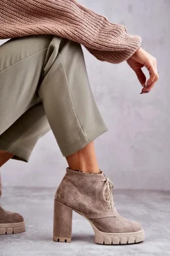 Boto Damskie Trapery|Botki Skórzane*Modne Zamszowe Botki Sznurowane Beżowe Selma