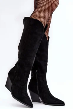 Discount Boto Modne Zamszowe Kozaki Kowbojki Czarne Delia Czarny