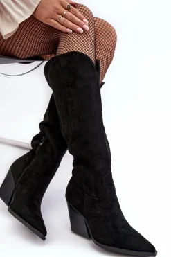 Discount Boto Modne Zamszowe Kozaki Kowbojki Czarne Delia Czarny