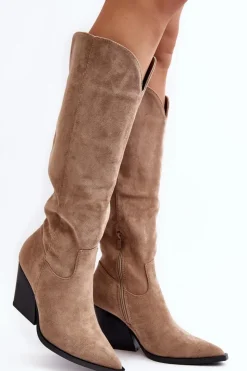 Outlet Boto Modne Zamszowe Kozaki Kowbojki Beżowe Delia