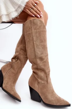 Outlet Boto Modne Zamszowe Kozaki Kowbojki Beżowe Delia
