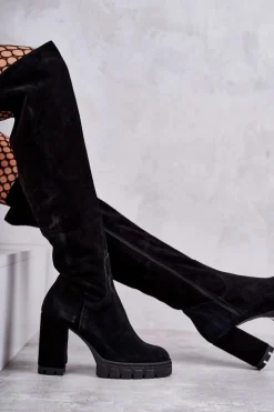 Damskie Boto Modne Zamszowe Kozaki Muszkieterki Czarne Estrela