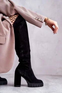 Damskie Boto Modne Zamszowe Kozaki Muszkieterki Czarne Estrela