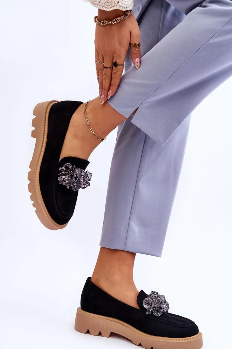 Buty damskie Vinceza Loafersy Damskie|Mokasyny Płaskie*Modne Zamszowe Mokasyny Z Kryształkami Czarne Demeris Czarny