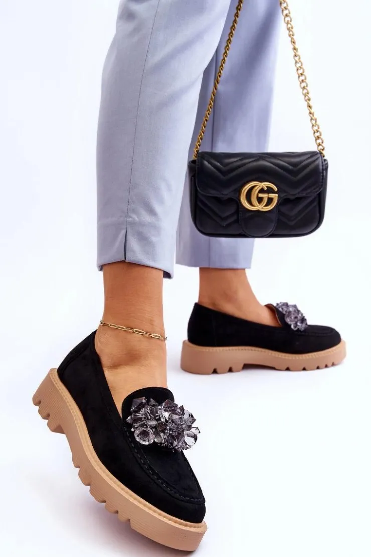 Buty damskie Vinceza Loafersy Damskie|Mokasyny Płaskie*Modne Zamszowe Mokasyny Z Kryształkami Czarne Demeris Czarny