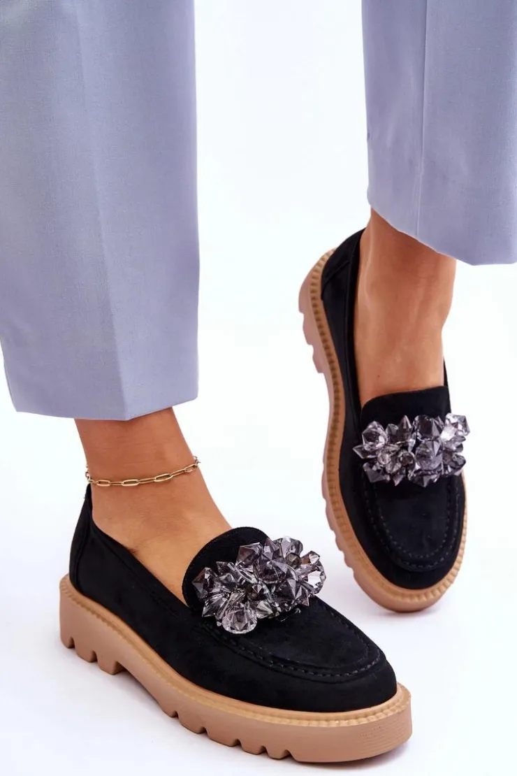 Buty damskie Vinceza Loafersy Damskie|Mokasyny Płaskie*Modne Zamszowe Mokasyny Z Kryształkami Czarne Demeris Czarny