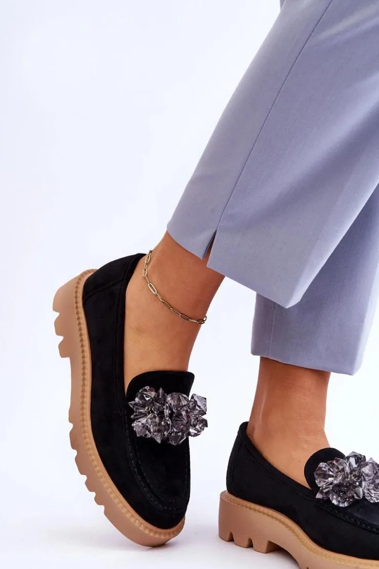 Buty damskie Vinceza Loafersy Damskie|Mokasyny Płaskie*Modne Zamszowe Mokasyny Z Kryształkami Czarne Demeris Czarny