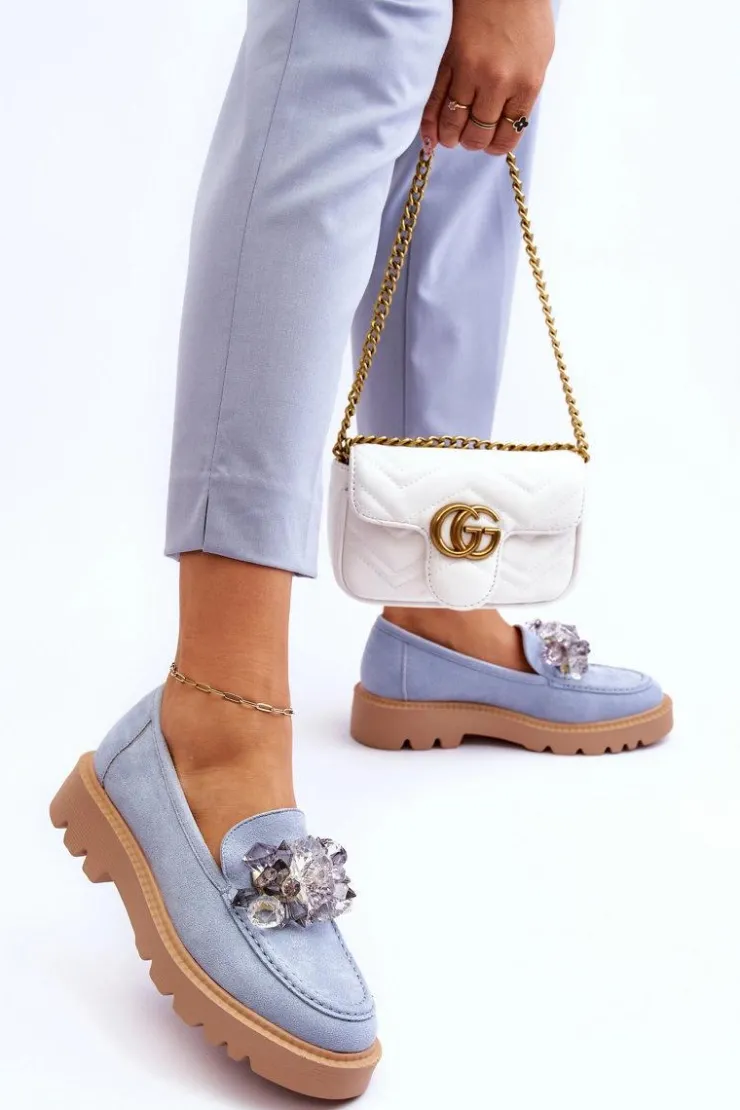 Online Buty damskie Vinceza Modne Zamszowe Mokasyny Z Kryształkami Niebieskie Demeris