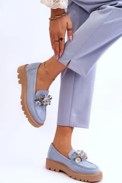 Online Buty damskie Vinceza Modne Zamszowe Mokasyny Z Kryształkami Niebieskie Demeris