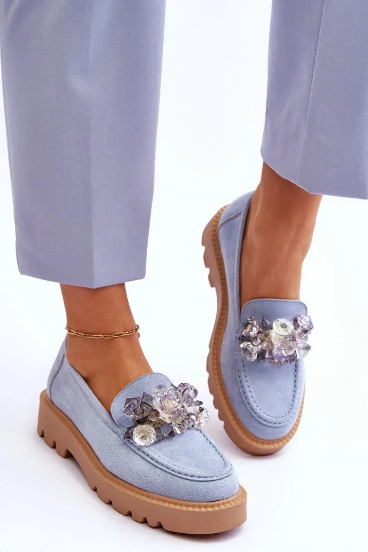 Online Buty damskie Vinceza Modne Zamszowe Mokasyny Z Kryształkami Niebieskie Demeris