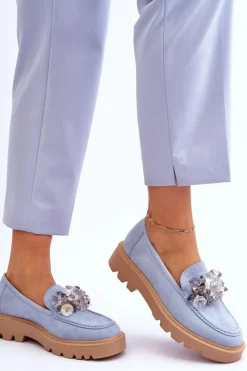 Online Buty damskie Vinceza Modne Zamszowe Mokasyny Z Kryształkami Niebieskie Demeris