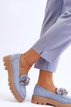 Online Buty damskie Vinceza Modne Zamszowe Mokasyny Z Kryształkami Niebieskie Demeris