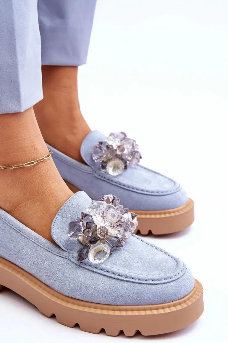 Online Buty damskie Vinceza Modne Zamszowe Mokasyny Z Kryształkami Niebieskie Demeris