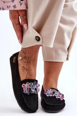 Damskie Boto Modne Zamszowe Mokasyny Z Ozdobami Czarne Delima