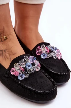 Damskie Boto Modne Zamszowe Mokasyny Z Ozdobami Czarne Delima