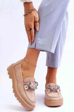 Damskie Buty damskie Vinceza Modne Zamszowe Mokasyny Z Kryształkami Beżowe Demeris