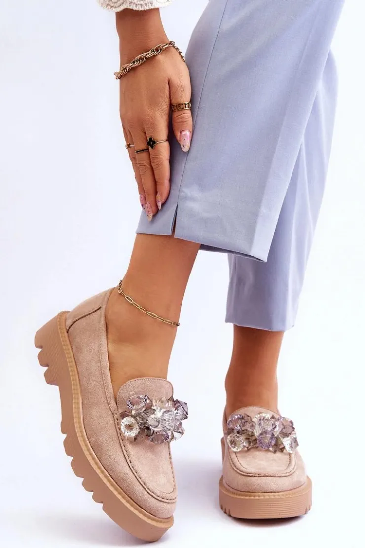 Damskie Buty damskie Vinceza Modne Zamszowe Mokasyny Z Kryształkami Beżowe Demeris