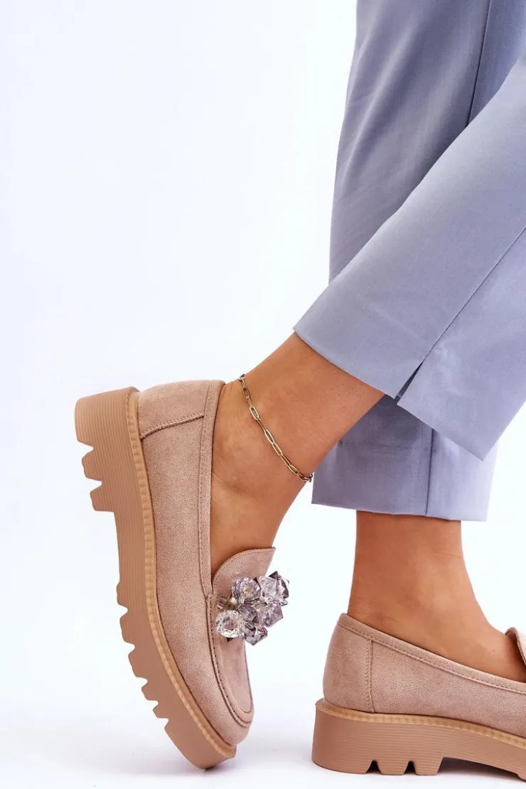 Damskie Buty damskie Vinceza Modne Zamszowe Mokasyny Z Kryształkami Beżowe Demeris