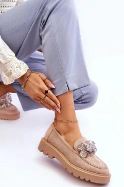 Damskie Buty damskie Vinceza Modne Zamszowe Mokasyny Z Kryształkami Beżowe Demeris