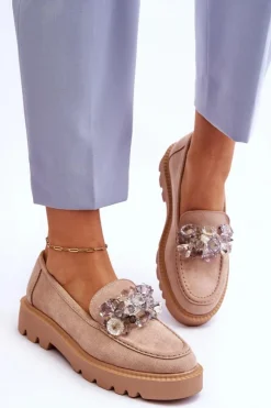 Damskie Buty damskie Vinceza Modne Zamszowe Mokasyny Z Kryształkami Beżowe Demeris