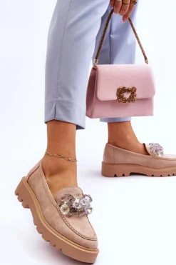 Damskie Buty damskie Vinceza Modne Zamszowe Mokasyny Z Kryształkami Beżowe Demeris